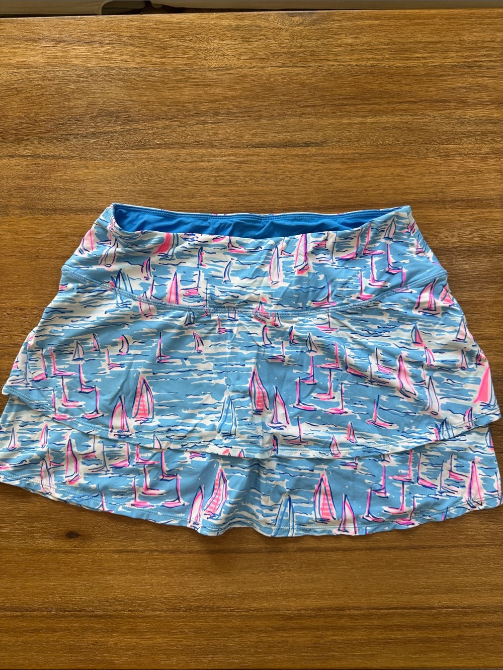 Lilly Pulitzer Athletic Luxletic Light Blue Swim Skirt with Pink Sail Accents